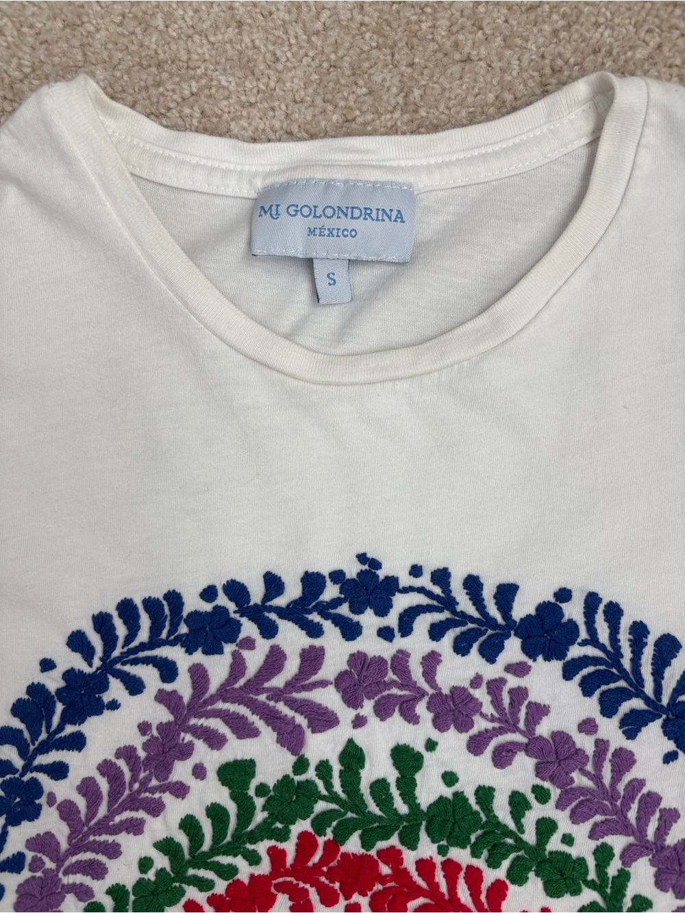 Mi Golondrina short-sleeve t-shirt w/ colorful embroidered rainbow design, Small - Picture 3 of 6